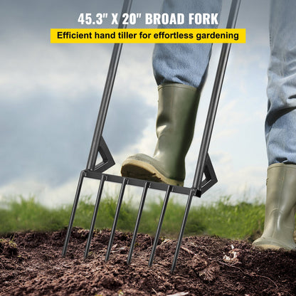 Premium 46-Inch Hand Tiller Broad Fork Tool For Gardening Cultivating