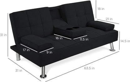 Best Choice Products Linen Upholstered Modern Convertible Folding Futon Sofa Bed for Compact Living Space, Apartment, Dorm, Bonus Room w/Removable Armrests, Metal Legs, 2 Cupholders - Gray