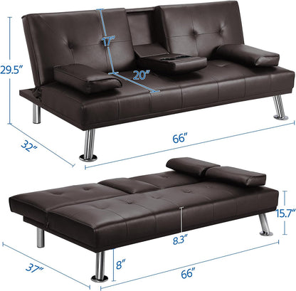 Yaheetech Convertible Sofa Bed Adjustable Couch Sleeper Modern Faux Leather Home Recliner Reversible Loveseat Folding Daybed Guest Bed, Removable Armrests, Cup Holders, 3 Angles, 772lb Capacity, Black