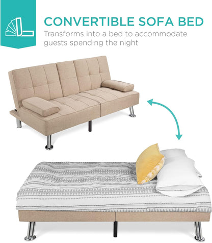 Best Choice Products Linen Upholstered Modern Convertible Folding Futon Sofa Bed for Compact Living Space, Apartment, Dorm, Bonus Room w/Removable Armrests, Metal Legs, 2 Cupholders - Gray
