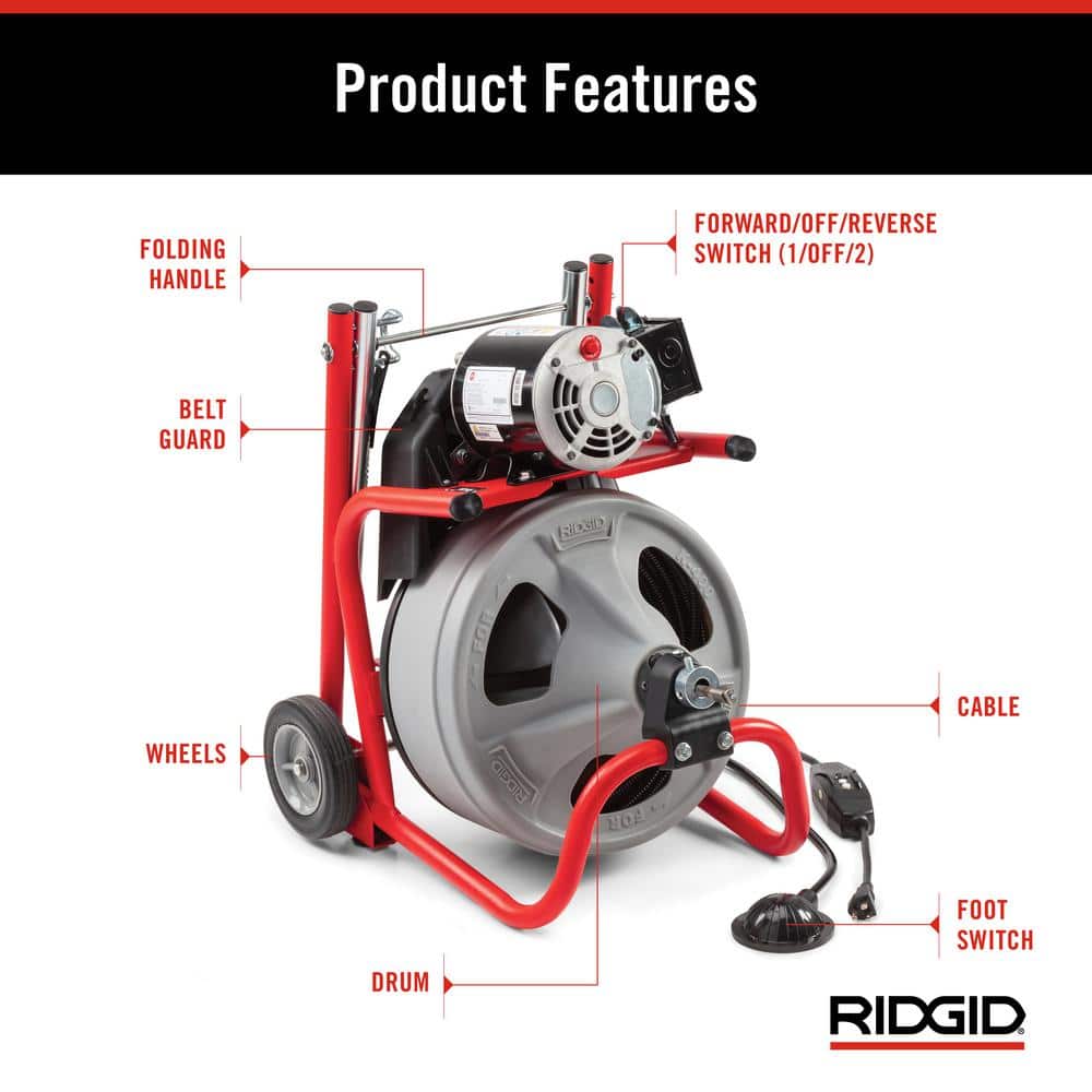 K-400 Drain Cleaning Snake Auger 120-Volt Drum Machine with C-32IW 3/8 in. x 75 ft. Cable + 4-Piece Tool Set & Gloves 52363