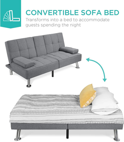 Best Choice Products Linen Upholstered Modern Convertible Folding Futon Sofa Bed for Compact Living Space, Apartment, Dorm, Bonus Room w/Removable Armrests, Metal Legs, 2 Cupholders - Gray