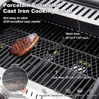 Upgraded 4 Burner BBQ Propane Gas Grill with Cast Iron Grates & Side Stove, 44,000 BTU Stainless Steel Burner Barbecue Grill for Patio, Camping, Outdoor Cooking.