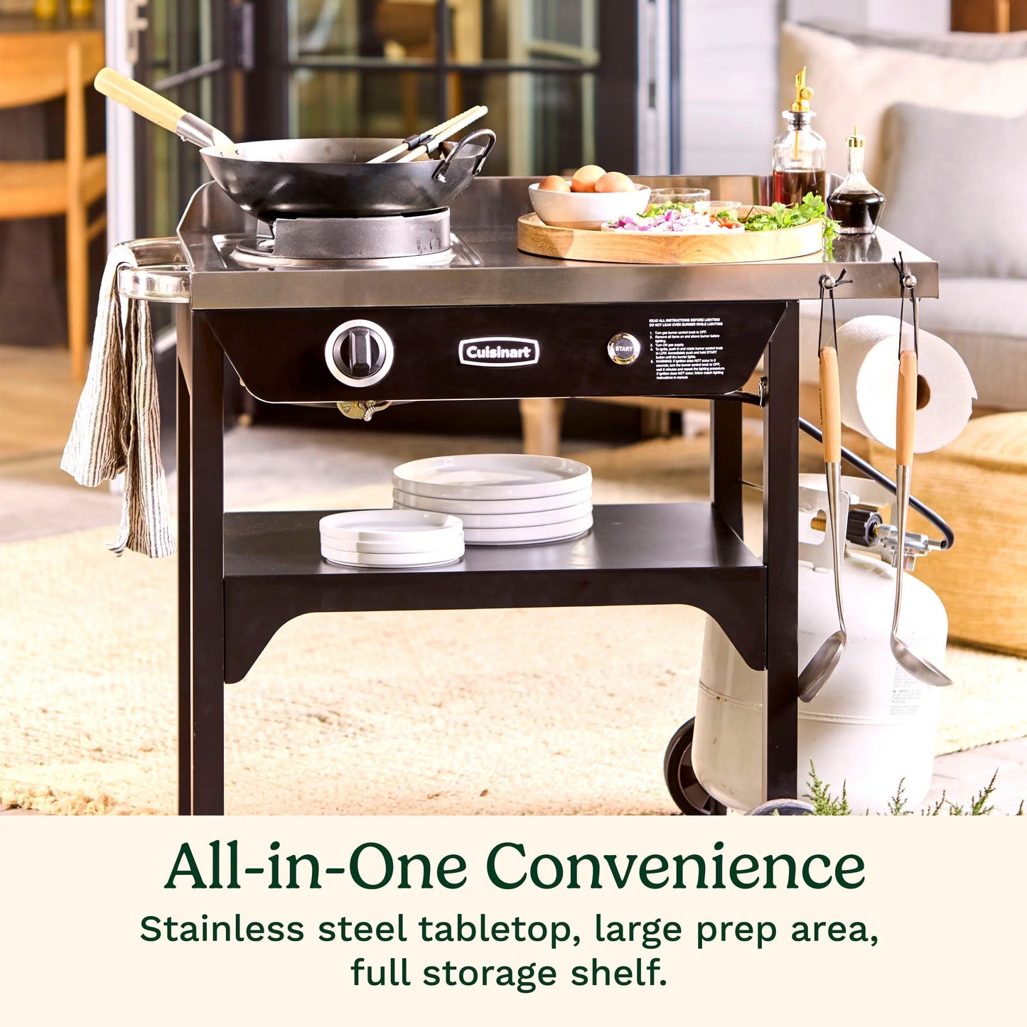 Cuisinart Outdoor Wok Station, 50,000 BTU Propane Outdoor Wok Burner w Prep Table, 14�测�� Carbon Steel Wok for Stir Fry, Searing, BBQ �� Black