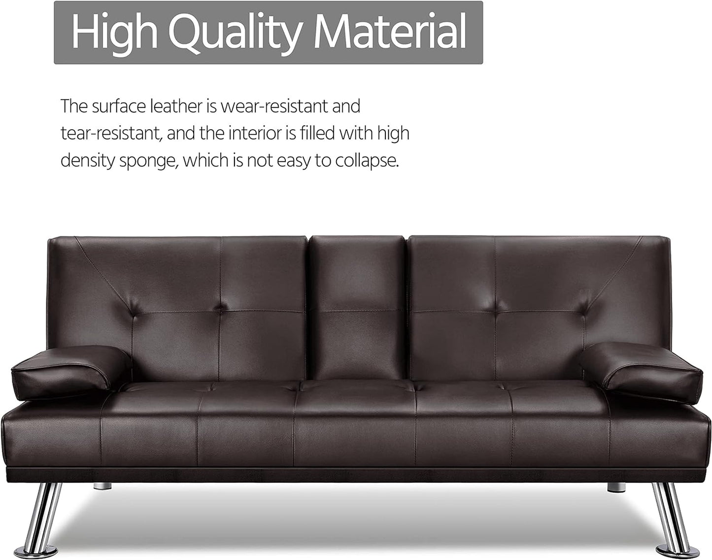 Yaheetech Convertible Sofa Bed Adjustable Couch Sleeper Modern Faux Leather Home Recliner Reversible Loveseat Folding Daybed Guest Bed, Removable Armrests, Cup Holders, 3 Angles, 772lb Capacity, Black