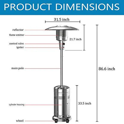 2 Set 48,000-BTU Umbrella Patio Propane Heater with Wheels,Stainless Steel Patio Heater,Stainless Steel Floorstanding Liquid Propane Heater Outdoor Patio,Patio Heater Standing Outdoor (Color:Silver)