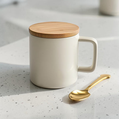 Evorla Minimalist Matte Ceramic Coffee Mug with Premium Wooden Lid and Spoon - 400ml