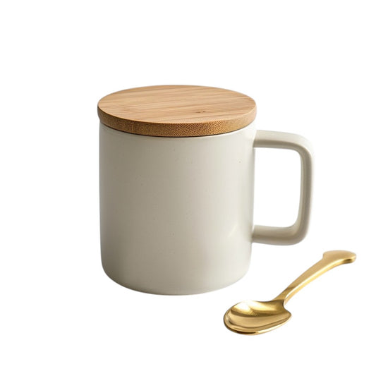 Evorla Minimalist Matte Ceramic Coffee Mug with Premium Wooden Lid and Spoon - 400ml