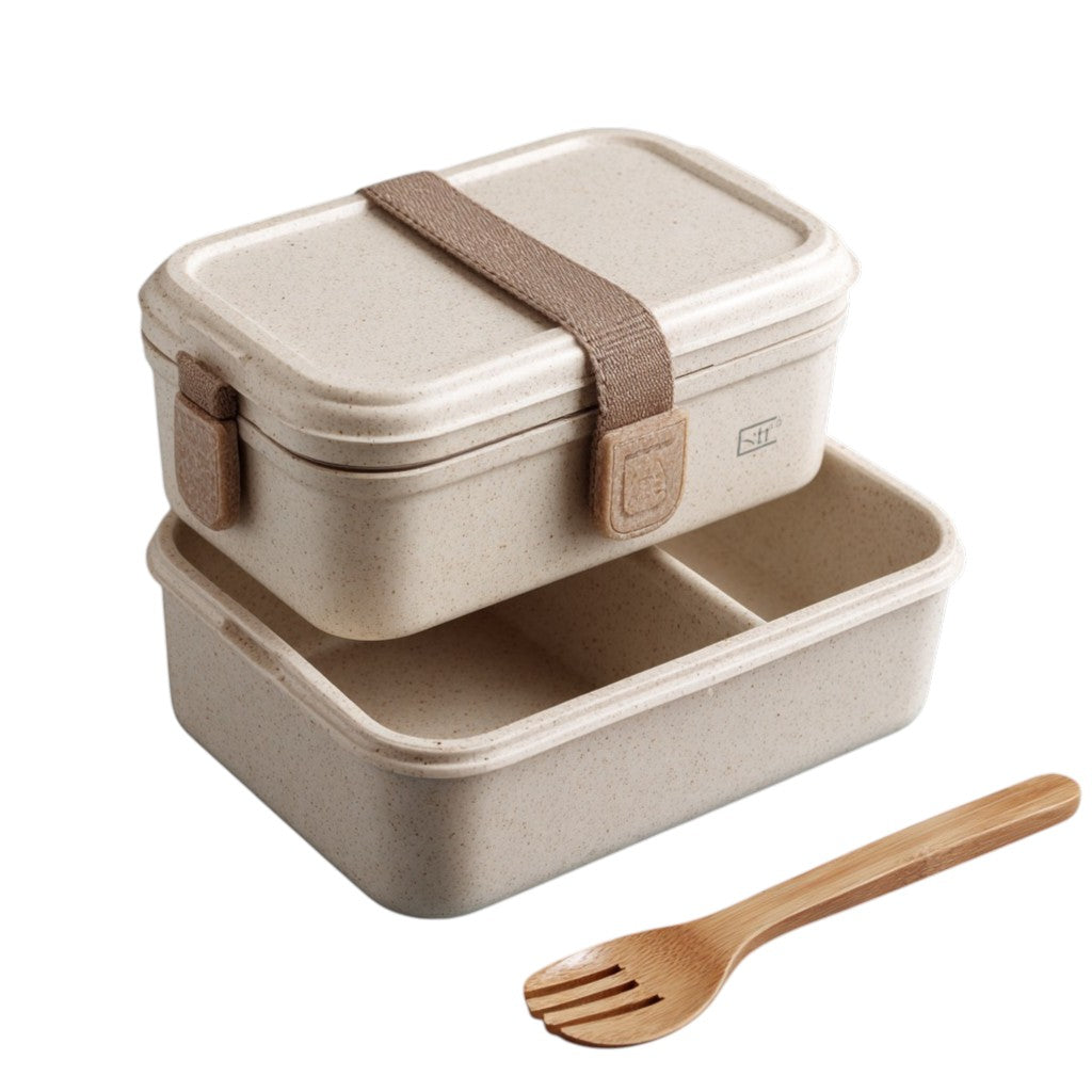 Evorla Eco-Friendly Bamboo Fiber Bento Lunch Box with Leak-Proof Elastic Strap - Double Layer