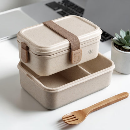 Evorla Eco-Friendly Bamboo Fiber Bento Lunch Box with Leak-Proof Elastic Strap - Double Layer