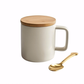 Evorla Minimalist Matte Ceramic Coffee Mug with Premium Wooden Lid and Spoon - 400ml